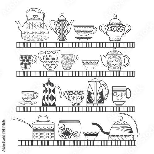 set of tea collection with a tea pot, tea cup, jars, jugs on the