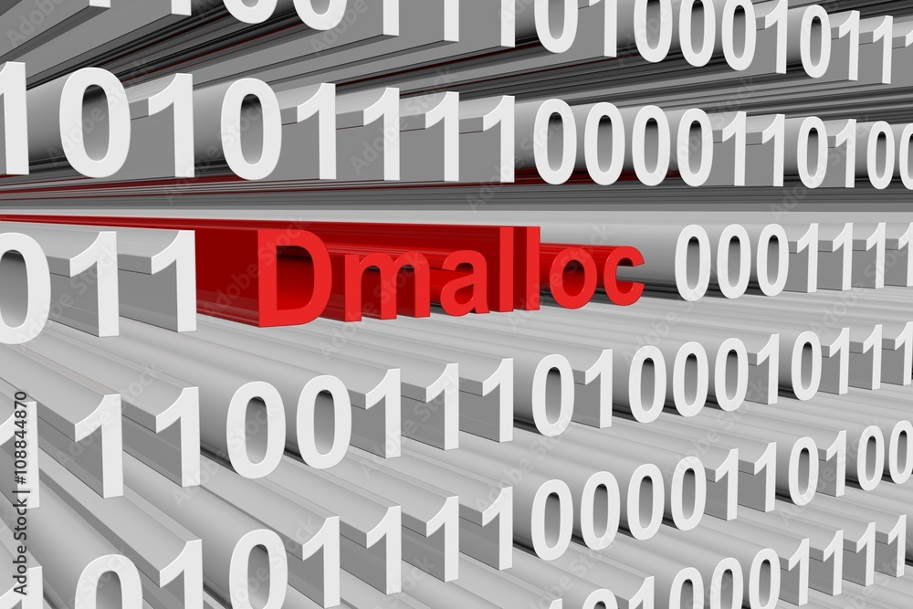 Dmalloc in the form of binary code, 3D illustration