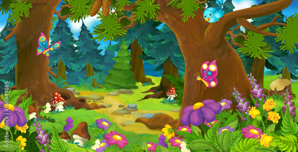 Cartoon forest scene illustration for children ilustración de Stock