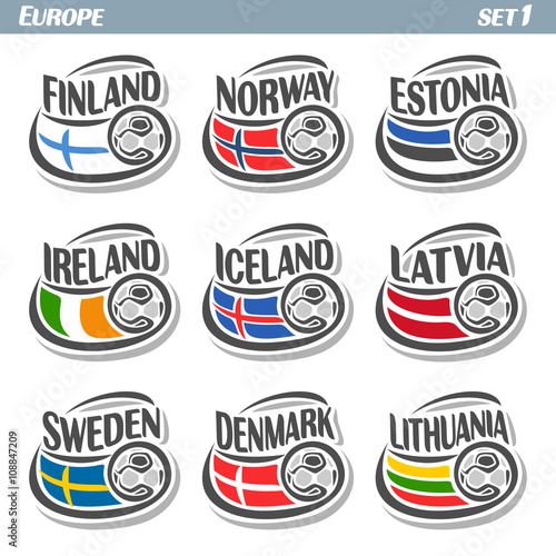 Vector logo for European football, soccer Finland, Norway, Estonia, Ireland, Iceland, Latvia, Sweden, Denmark, Lithuania, set 9 isolated illustrations: state flags, soccer balls. Championship Euro