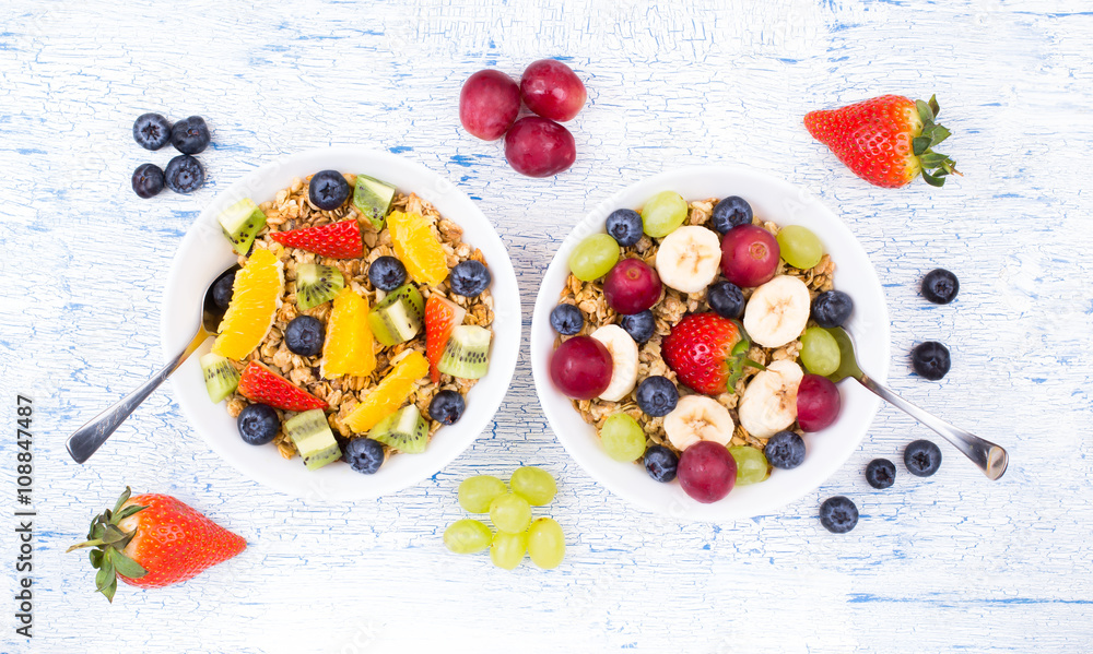 Muesli, fruit, berries in a bowl on an