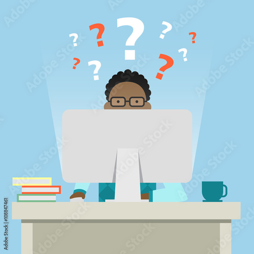 African american man sitting in the office with questions.