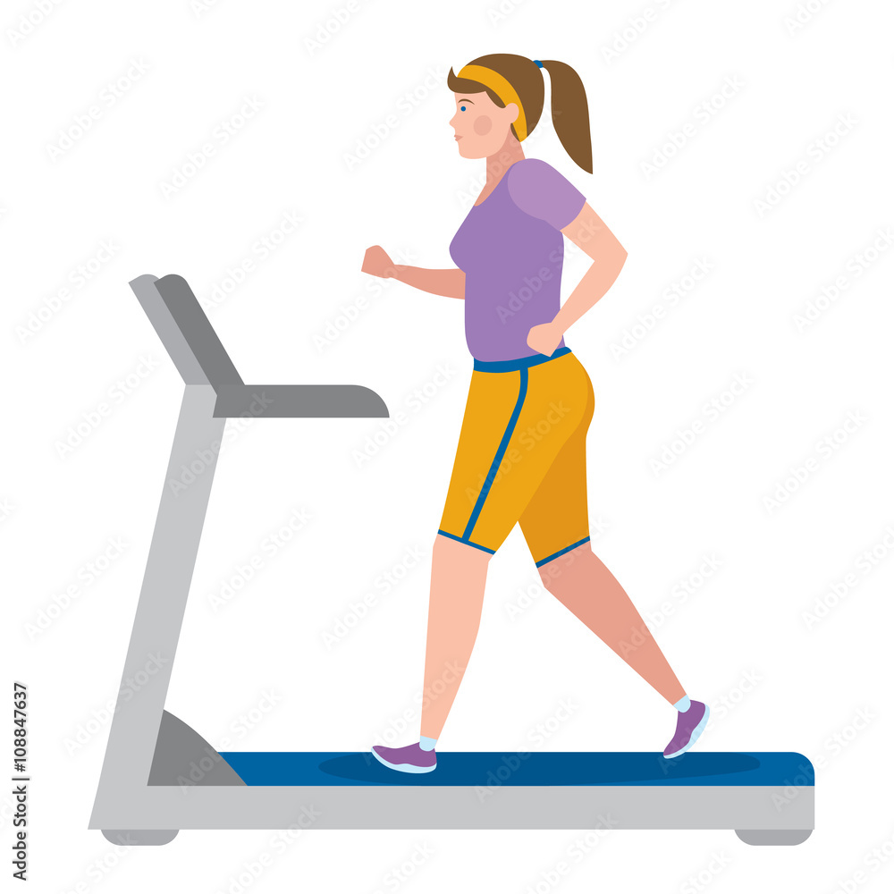 Fototapeta premium Girl running on treadmill on white.