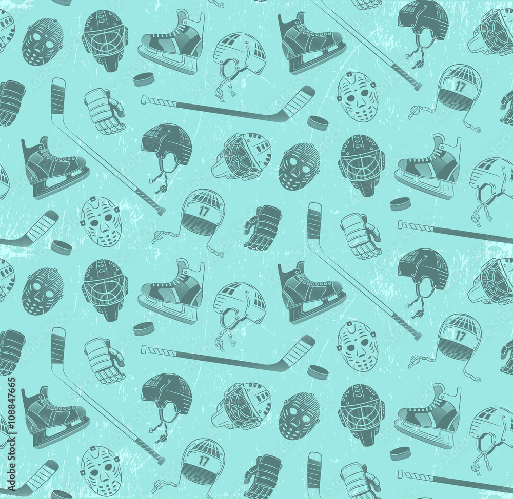 Naklejka premium Seamless pattern with hockey equipment - made in dual color, muted tones. Helmets, sticks, gloves, skates, pucks, goalie masks. Ice texture grouped and can be easily removed.