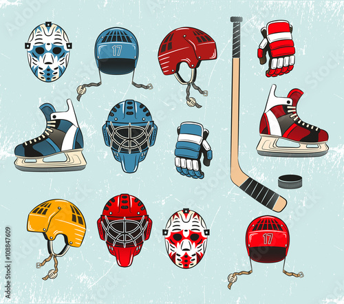 Hockey objects painted in a realistic style cartoon and brightly colored. Hockey equipment on the ice. Ice texture grouped separately and can be easily removed.