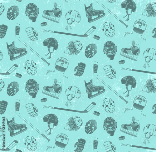Seamless pattern with hockey equipment - made in dual color, muted tones. Helmets, sticks, gloves, skates, pucks, goalie masks. Ice texture grouped and can be easily removed.