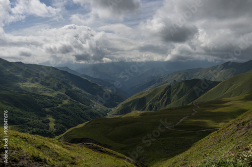 . Panorama of mountain valley from top of Datvisjvari Pass, Georgia, Europe