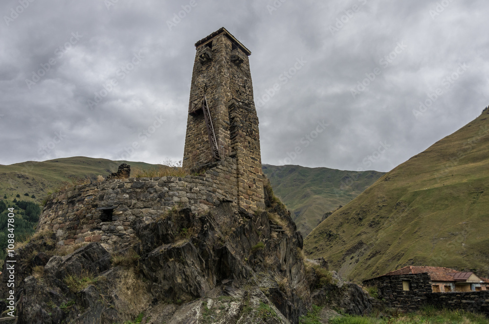 Medieval watch tower  in village Sno  (Sno castle), Kazbegi region, Georgia