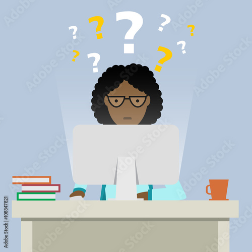 African american woman sitting in the office with questions.