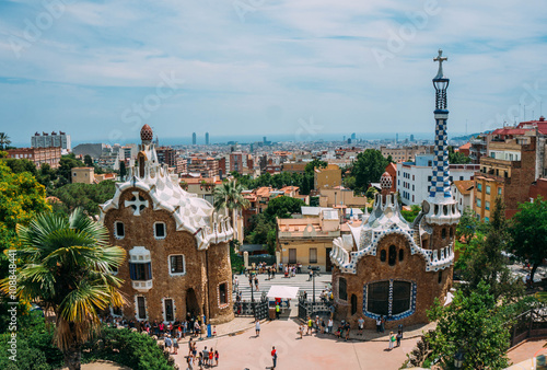 BARCELONA, SPAIN - JUNE 26: The famous Park Guell on June 26, 2014 in Barcelona, Spain. The impressive and famous park was designed by Antoni Gaudi.
