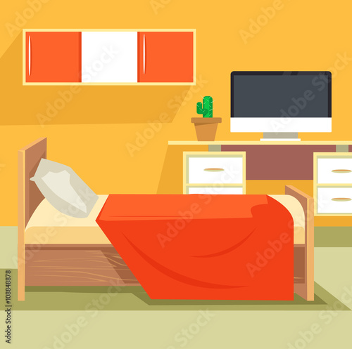 Bedroom interior. Bedroom design. Bedroom furniture. Orange bedroom. Teenager bedroom. Vector flat cartoon illustration