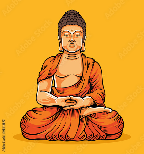 Buddha sitting. Statue of Buddha. Gold Buddha. Buddha vector illustration.Buddha composition. 