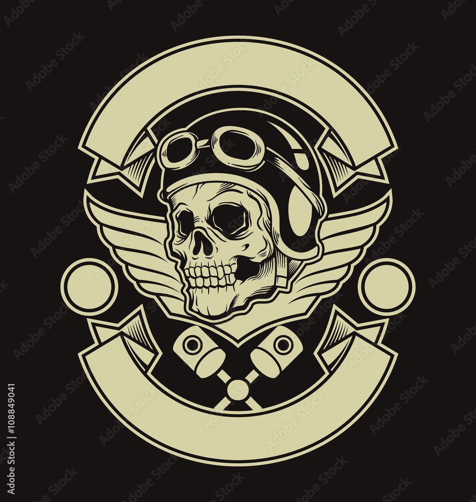 Motor skull emblem. Vector flat illustration Motor skull emblem. Vector flat illustration