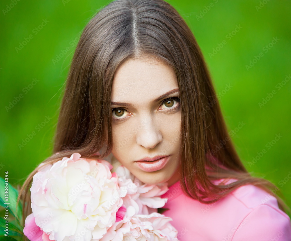 Face green background, close up, peonies