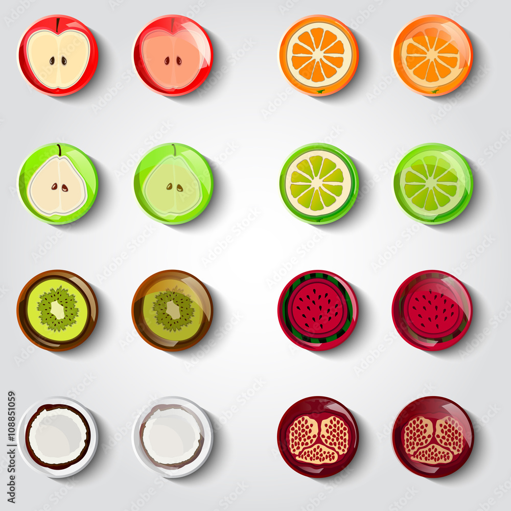 Vector Set of Fruit Icons. cartoon style icon. Fruits vector illustration.Food icons.Round flat buttons with a long shadow.Apple, orange, pear, kiwi, coconut, watermelon, pomegranate. Vector Set of Fruit Icons. cartoon style icon. Fruits vector illustration.Food icons.Round flat buttons with a long shadow.Apple, orange, pear, kiwi, coconut, watermelon, pomegranate.