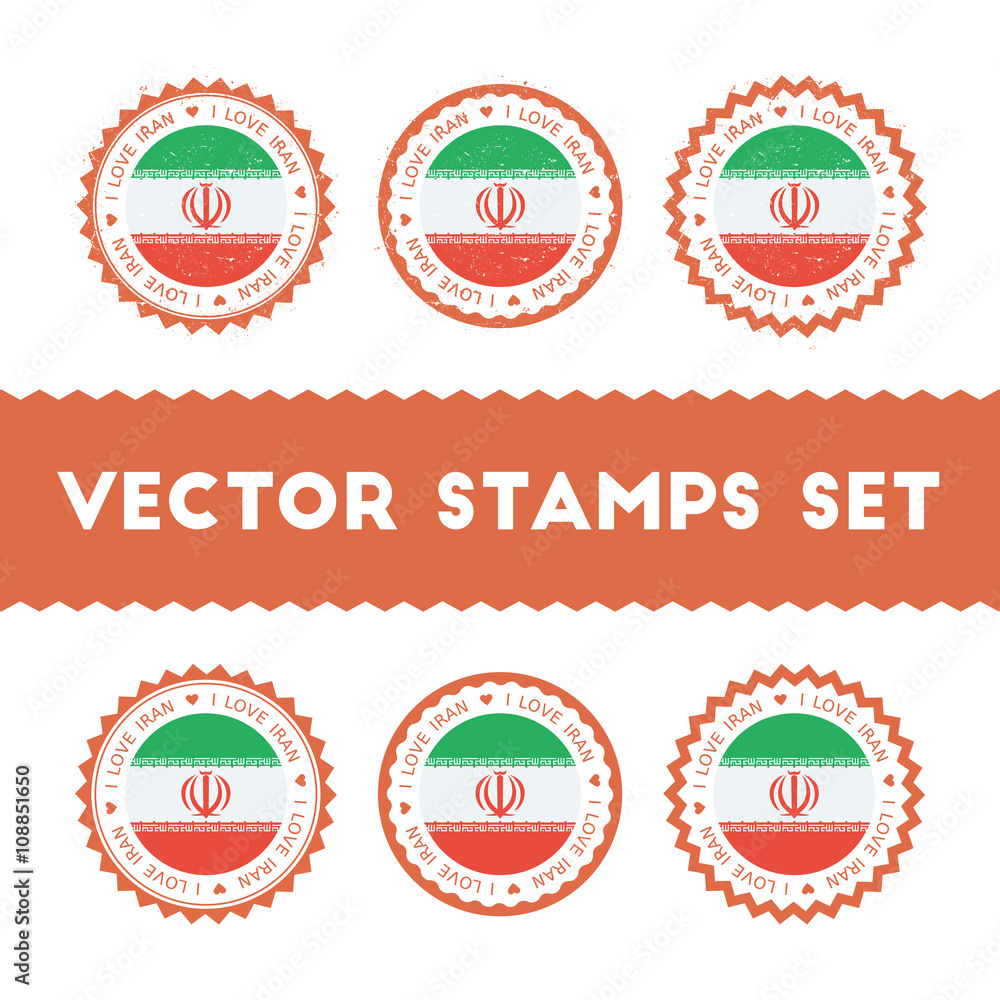 I Love Iran, Islamic Republic Of vector stamps set. Retro patriotic country flag badges. National flags vintage round signs.