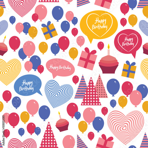 Seamless background - happy birthday. Heart, gift box, balloons, birthday cake, hat. Blue, pink, orange. vector