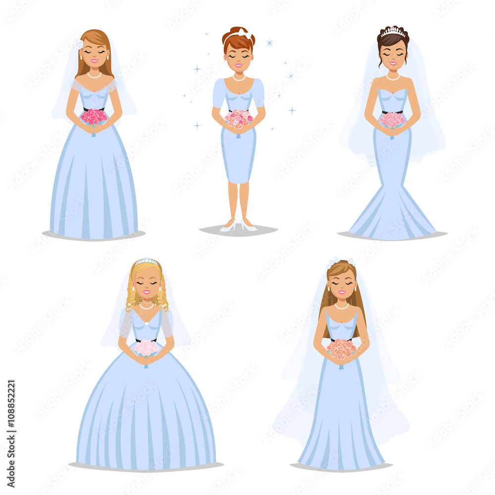 Set of Happy brides. Different types wedding dress collection. 