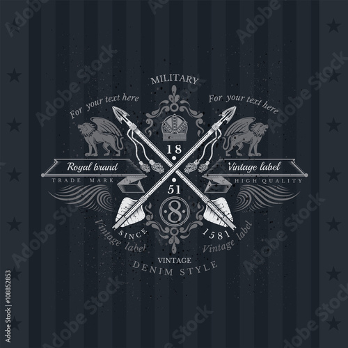 Cross Arrows With Ribbons and Two lions On Both Sides . Military Heraldic Label On Blackboard