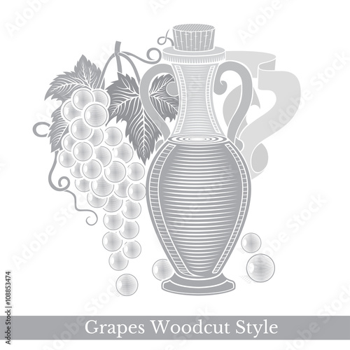 Black engraving label for food or cosmetics isolated on white. Glass bottle of grape seed oil or wine with grapes near