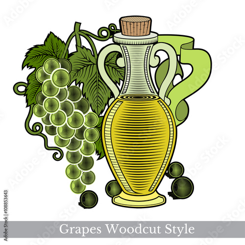 Color engraving label for food or cosmetics isolated on white. Glass bottle of grape seed oil or venegar with grapes near