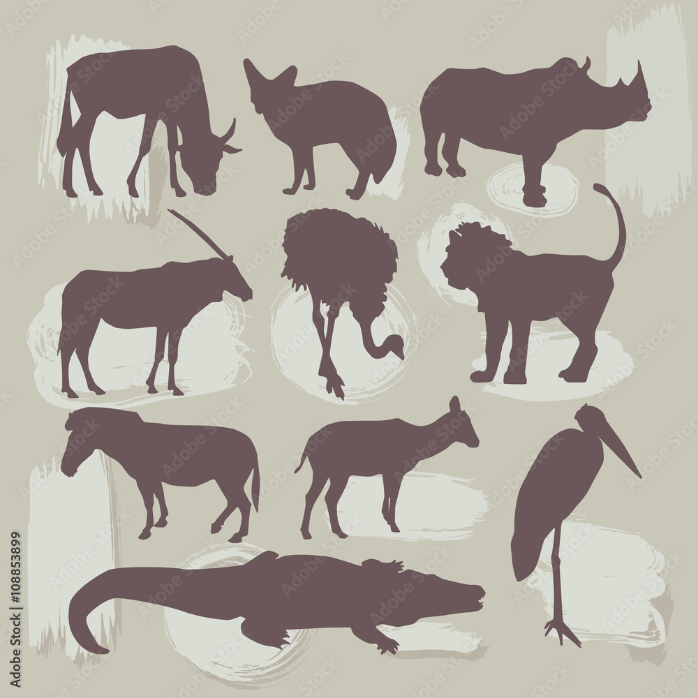 Set of African animals. Silhouette. vector