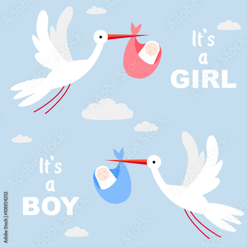 Stork carrying a cute baby. It's a boy! It's a girl!
