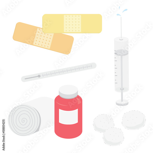 Medical Appliance Hospital Plaster Bandage Syringe Thermometer Cotton Wool Cartoon Vector
