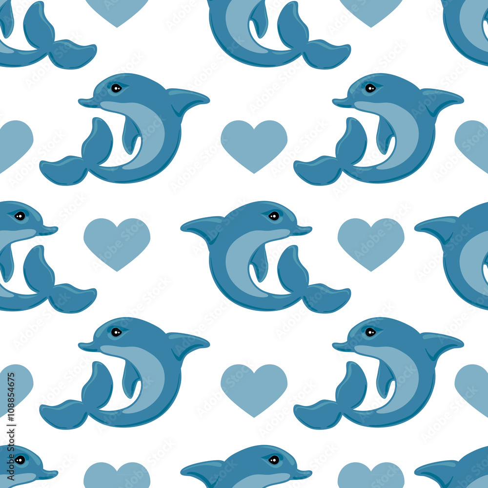 Fototapeta premium Seamless romantic pattern with dolphin and heart vector background. Perfect for wallpapers, pattern fills, web page backgrounds, surface textures, textile