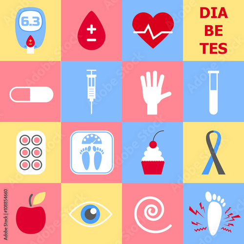 Diabetes icons set. World Diabetes Day. Glucose meter. Blood drop. Symbol of diabetic and fight against diabetes. Medical flat illustration. Health care
