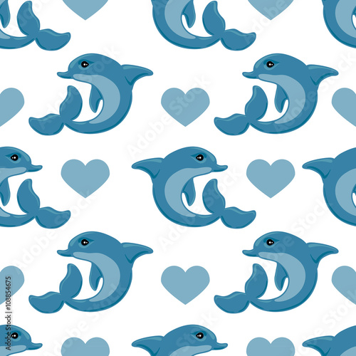 Seamless romantic pattern with dolphin and heart vector background. Perfect for wallpapers, pattern fills, web page backgrounds, surface textures, textile