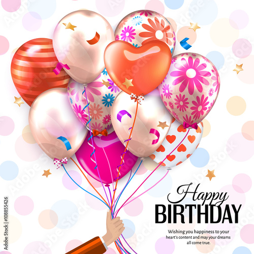 Birthday card with hand holds colorful balloons. Confetti, stars, ribbon and bow on dotted background.  Vector.