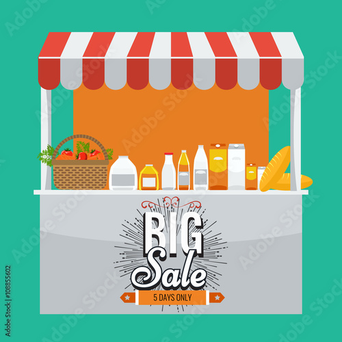 Shop concept. Store booth with awning and products on shelf