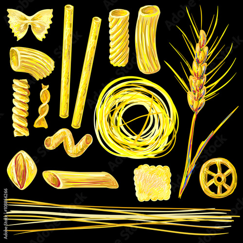 Different pasta shapes set vector illustration