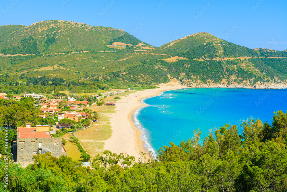 View of beautiful beach and bay on coast of Sardinia island bear Porto Sa Ruxi, Sardinia island, Italy