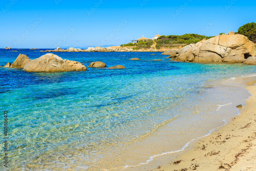 A view of turquoise sea water on idyllic beach, Sardinia island, Italy