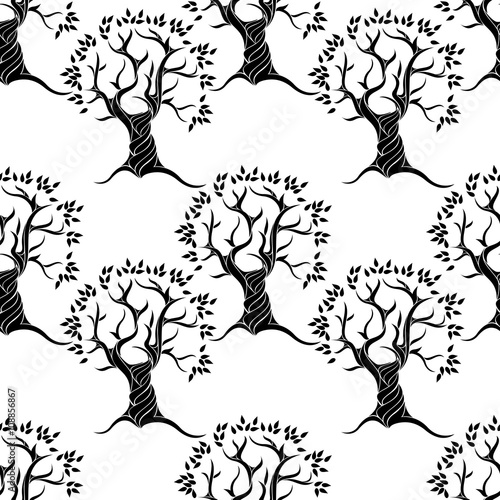 Seamless black and white pattern with trees vector background. Perfect for wallpapers, pattern fills, web page backgrounds, surface textures, textile