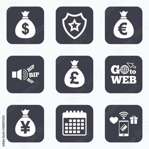 Money bag icons. Dollar, Euro, Pound and Yen.