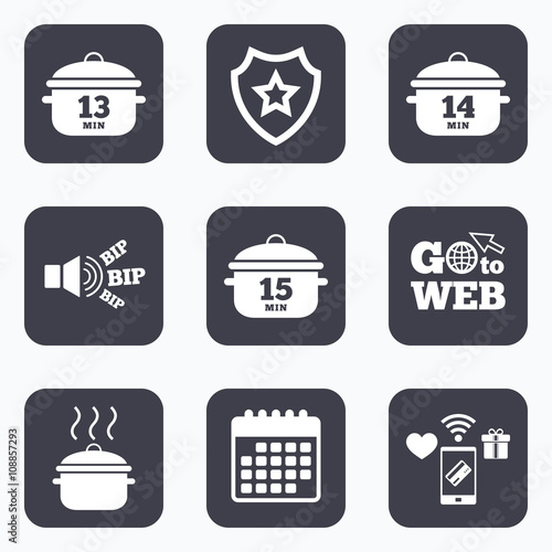 Cooking pan icons. Boil fifteen minutes.
