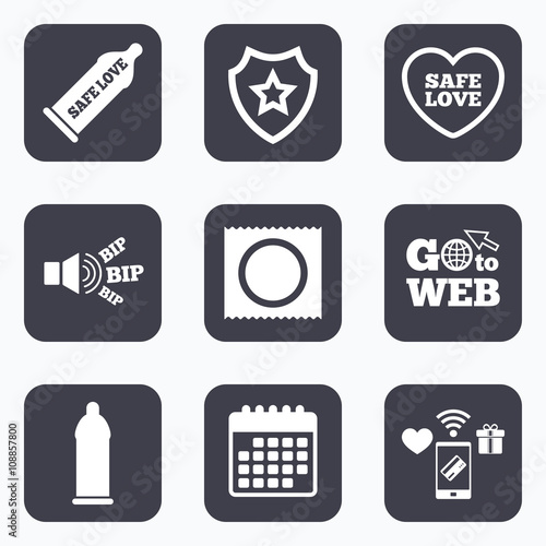 Safe sex love icons. Condom in package symbols.