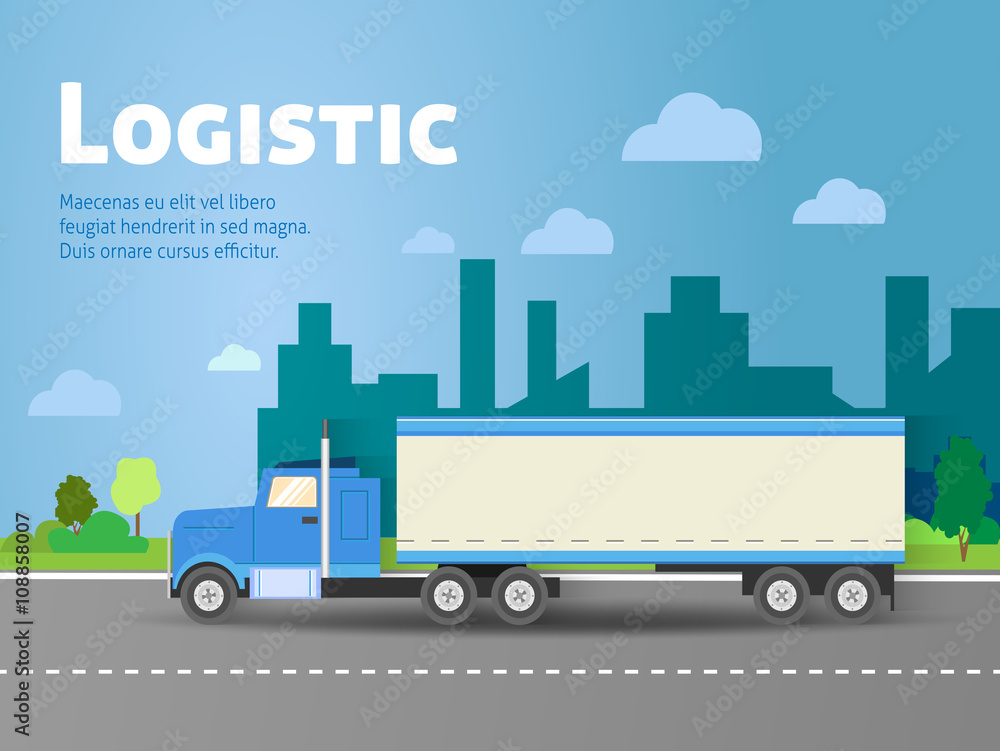 Design for banner, truck. Color flat icons. Dump truck, tank, gasoline, truck, container, delivery, city, logistics. Vector illustration