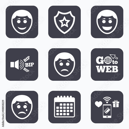 Human smile face icons. Happy, sad, cry.