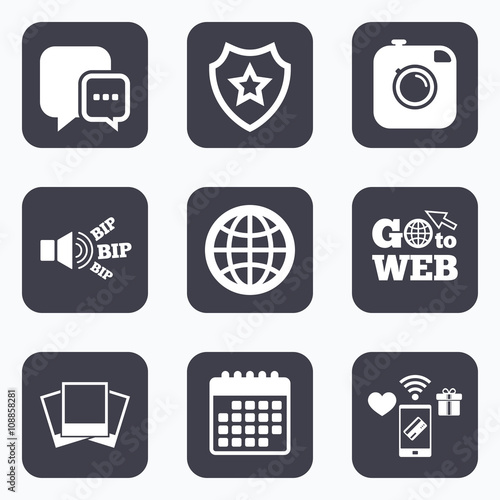 Social media icons. Chat speech bubble and Globe