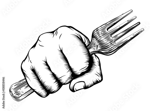 Woodcut Fist Hand Holding Fork