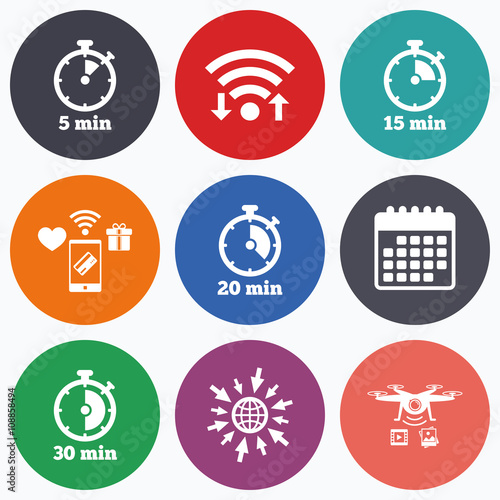 Timer icons. Five minutes stopwatch symbol.