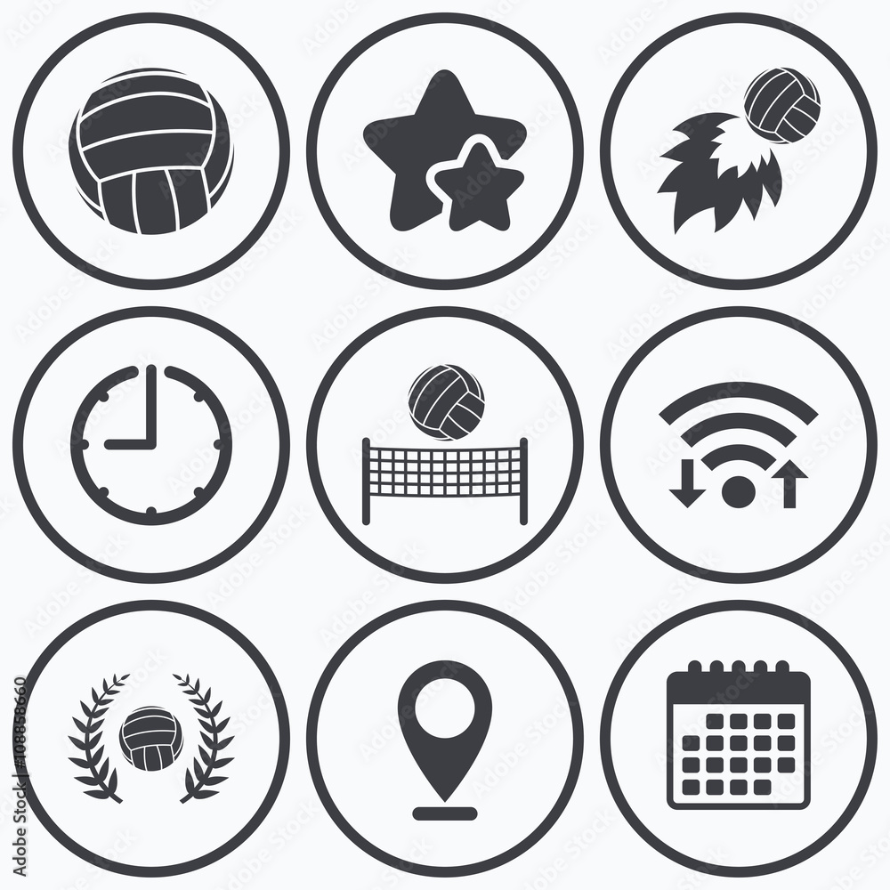Volleyball and net icons. Winner laurel wreath. Volleyball and net icons. Winner laurel wreath.
