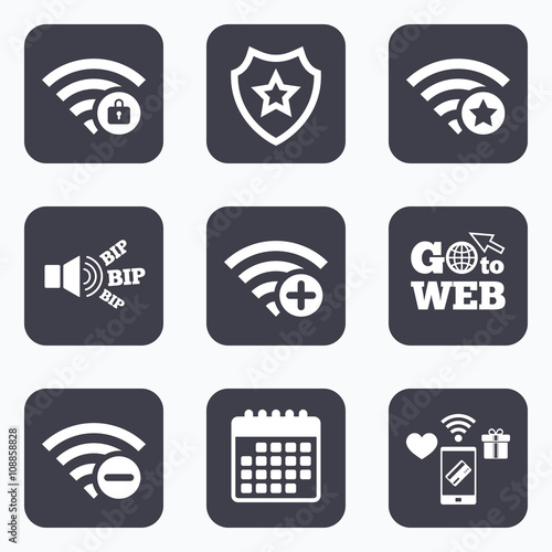 Wifi Wireless Network icons. Wi-fi add, remove.