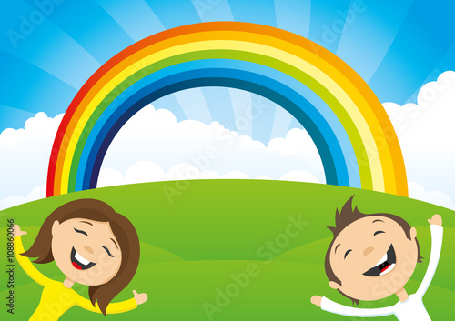 Rainbow and clouds in the blue sky and the happy couple.