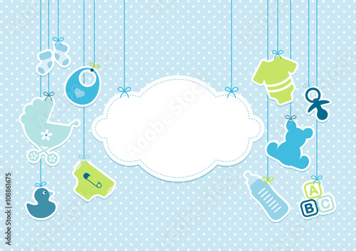 Card Baby Boy Symbols Hanging Cloud Blue