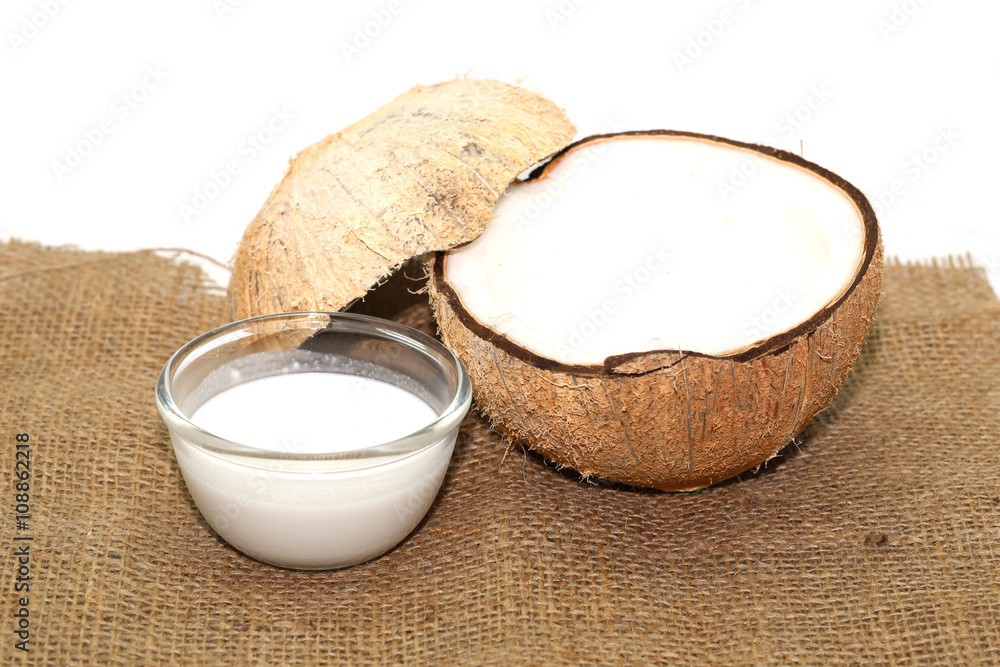 Coconut and coconut milk in glass Coconut and coconut milk in glass